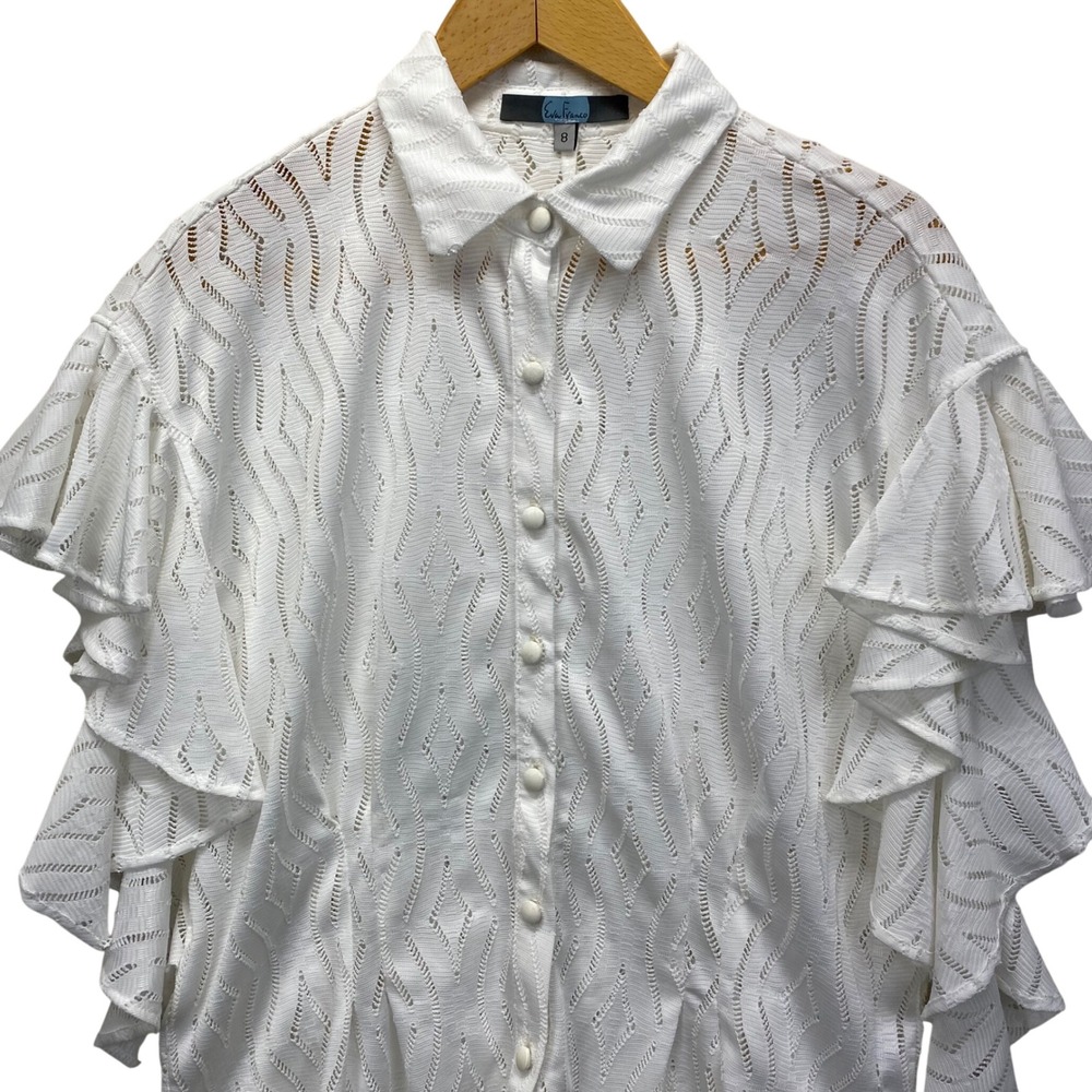 Eva Franco White Pointelle Knit Ruffle Sleeve Button Front Blouse Womens 8 Us M